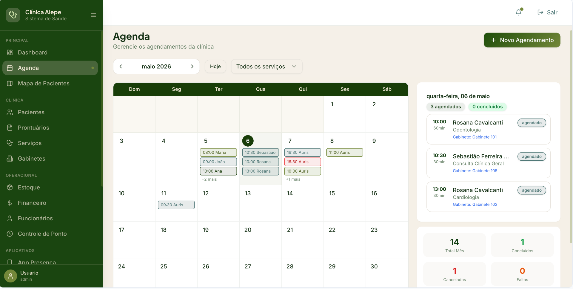 Toda a operação clínica em um calendário fluido
