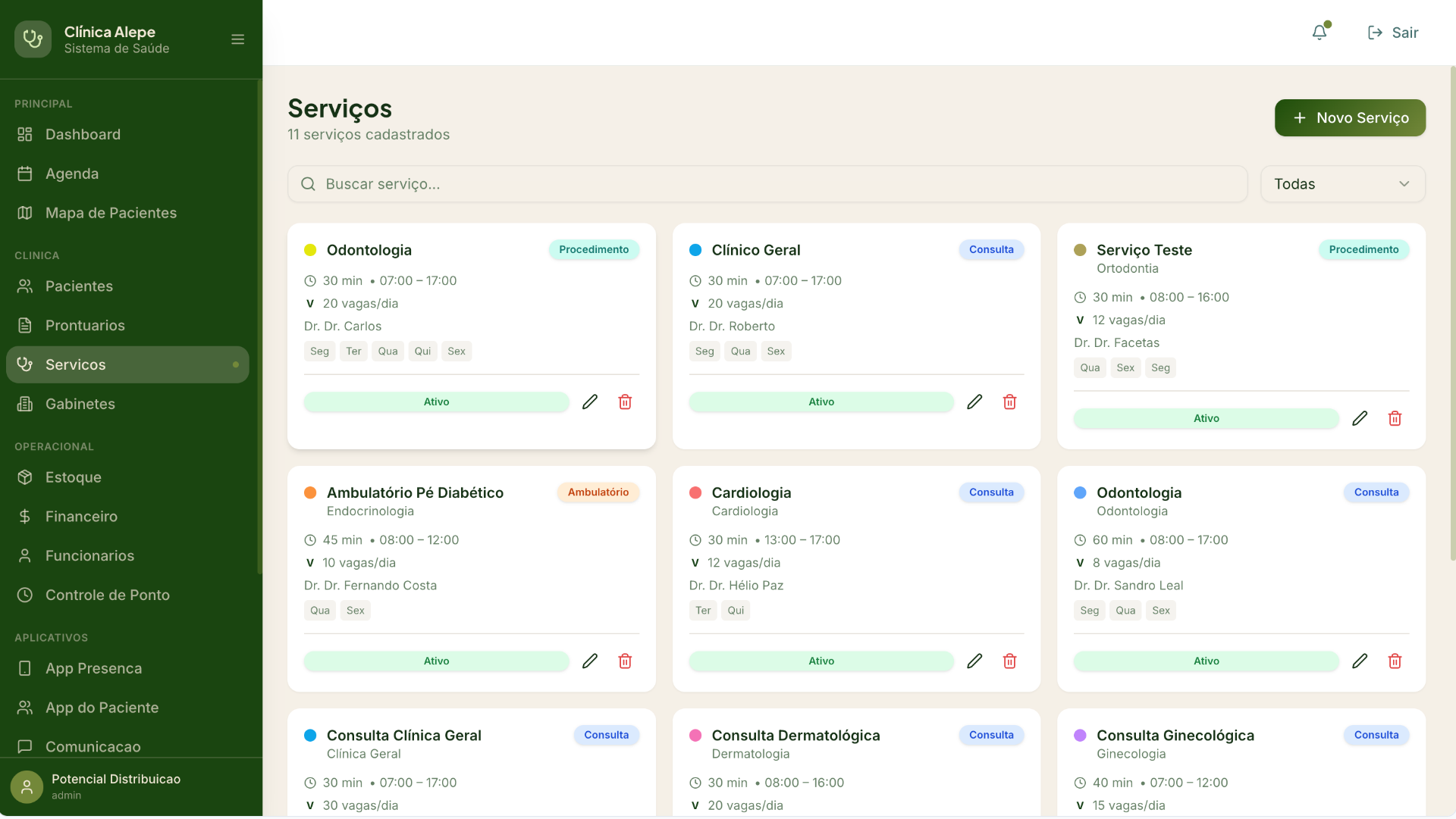 Catálogo completo de serviços clínicos